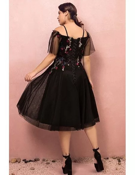 Custom Knee Length Black Party Dress with Flower Embroidery Puffy Sleeves Plus Size High Quality