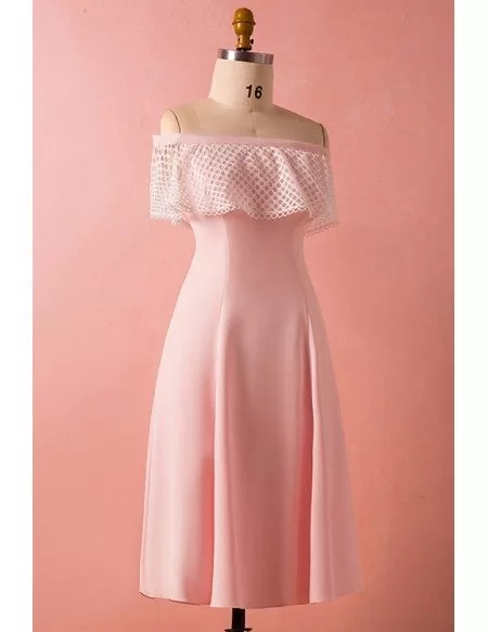 Custom Pink Satin Mid Length Off Shoulder Party Dress High Quality