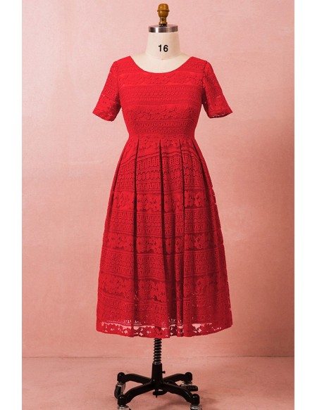 Custom Red Exotic Pattern Lace Mid Length Party Dress Modest with Short Sleeves High Quality