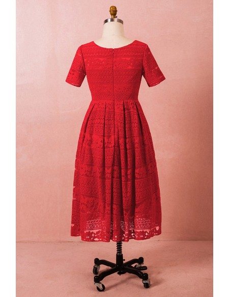 Custom Red Exotic Pattern Lace Mid Length Party Dress Modest with Short Sleeves High Quality
