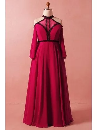 Custom Long Halter Cold Shoulder Chiffon Formal Party Dress with Long Sleeves High Quality