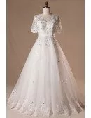 Custom Ivory Beaded Lace Vneck Wedding Dress with Half Sleeves Long Train Plus Size High Quality