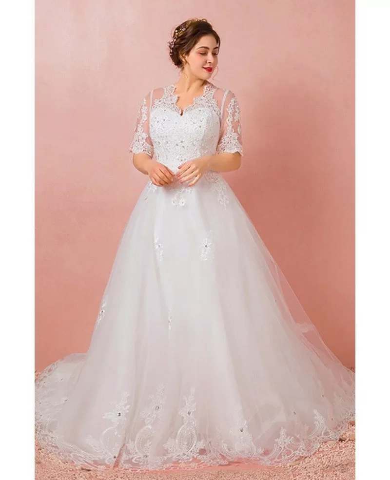 Custom Ivory Beaded Lace Vneck Wedding Dress with Half