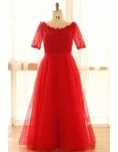 Custom Red Round Neck Long Wedding Party Dress with Flowers Short Sleeves High Quality