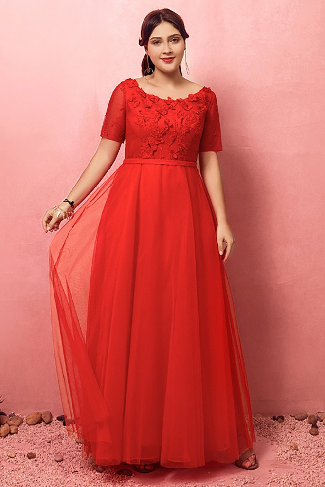 Custom Red Round Neck Long Wedding Party Dress with Flowers Short Sleeves  High Quality ZN102 - GemGrace.com
