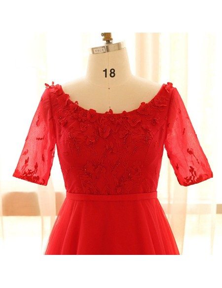 Custom Red Round Neck Long Wedding Party Dress with Flowers Short Sleeves High Quality