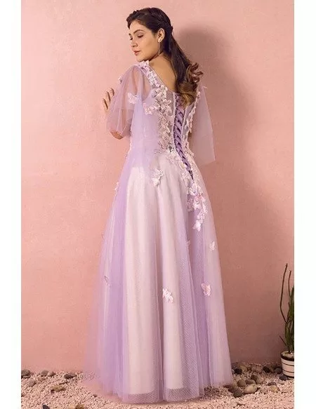 Custom Light Purple Petal Flowers Plus Size Prom Dress with Puffy Sleeves High Quality