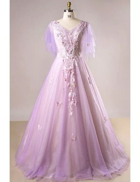 Custom Light Purple Petal Flowers Plus Size Prom Dress with Puffy Sleeves High Quality