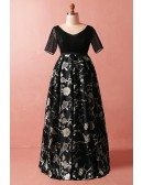 Custom Modest Black Flowers Embroidery Vneck Formal Dress with Short Sleeves High Quality
