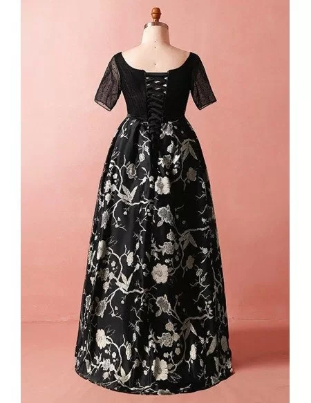Custom Modest Black Flowers Embroidery Vneck Formal Dress with Short Sleeves High Quality