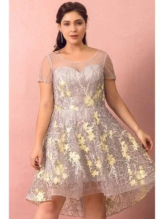 Custom Grey with Yellow Flowers Pretty Short Party Dress with Sheer Short Sleeves High Quality