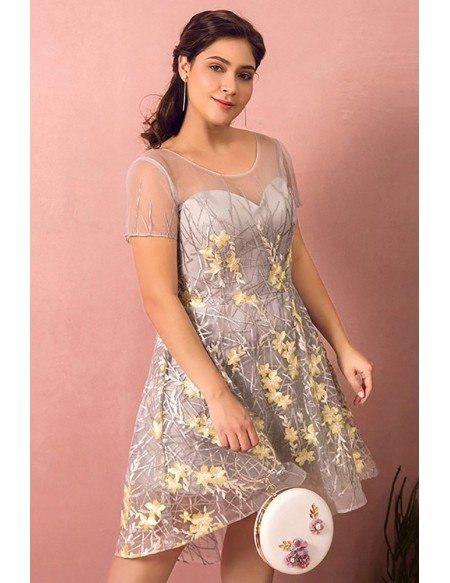 Custom Grey with Yellow Flowers Pretty Short Party Dress with Sheer Short Sleeves High Quality