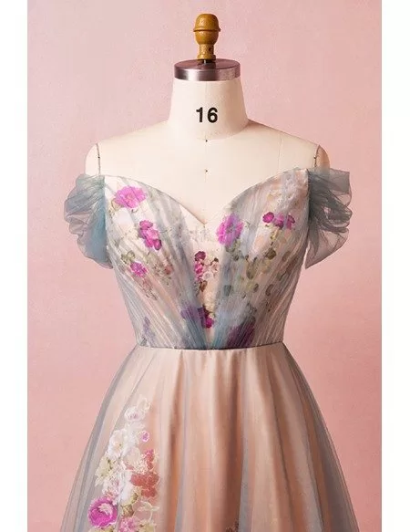 Custom Grey with Pink Flowers Prom Dress Plus Size High Quality