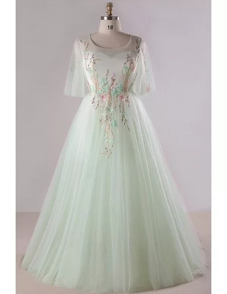 Custom Light Green Tulle Prom Dress with Embroidered Flowers Plus Size ...