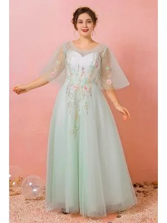 Custom Light Green Tulle Prom Dress with Embroidered Flowers Plus Size High Quality