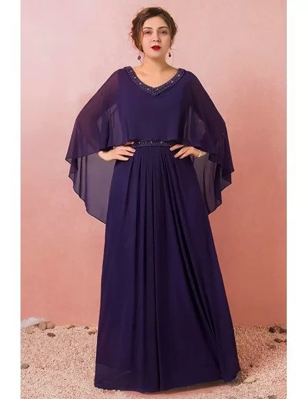 Custom Elegant Purple Formal Long Chiffon Evening Dress Beaded Neck with Cape Sleeves High Quality