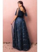 Custom Navy Blue Sparkly Star Prom Dress with Puffy Sleeves Plus Size High Quality