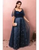 Custom Navy Blue Sparkly Star Prom Dress with Puffy Sleeves Plus Size High Quality