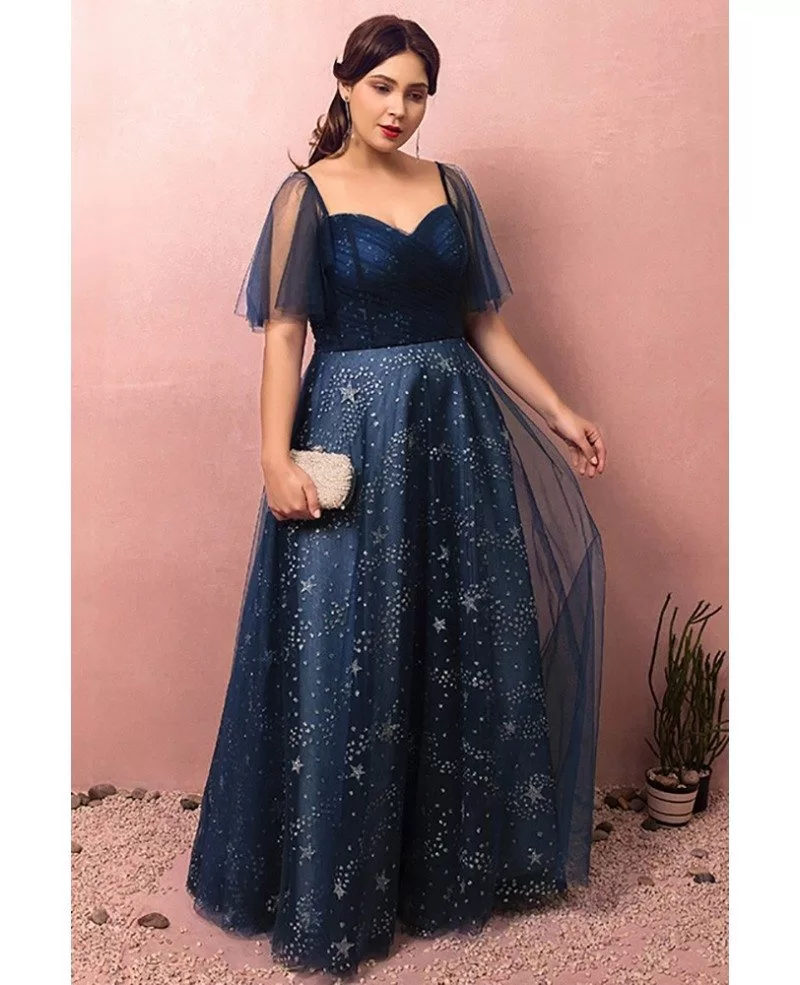 Navy Blue Sparkly Star Prom Dress with Puffy Sleeves Plus Size High Quality ZN088 - GemGrace.com