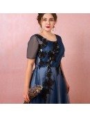 Custom Navy Blue Pleated Tulle Modest Formal Dress with Sheer Sleeves Plus Size High Quality