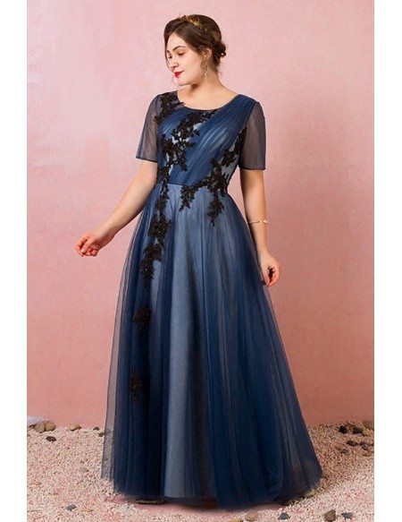 Custom Navy Blue Pleated Tulle Modest Formal Dress with Sheer Sleeves Plus Size High Quality