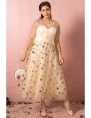 Custom Retro Tea Length Bling Star Holiday Party Dress Beaded Neck with Short Sleeves High Quality