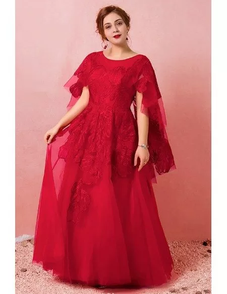 Custom Unique Red Lace Formal Dress Round Neck with Cape Sleeves Plus ...