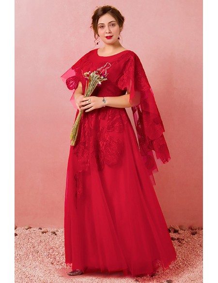 Custom Unique Red Lace Formal Dress Round Neck with Cape Sleeves Plus ...