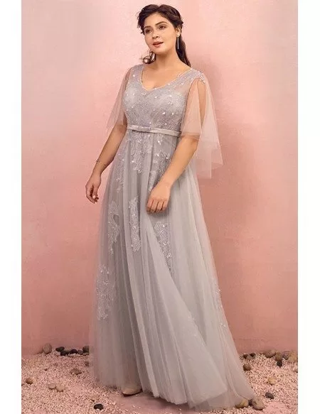 Custom Elegant Long Grey Flowy Tulle Prom Dress With Puffy Sleeves Plus Size High Quality Zn099