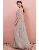 Custom Elegant Long Grey Flowy Tulle Prom Dress with Puffy Sleeves Plus Size High Quality