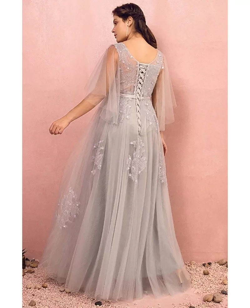 Custom Elegant Long Grey Flowy Tulle Prom Dress with Puffy Sleeves Plus ...