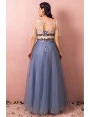 Custom Modest Blue Tulle Party Dress with Removable Lace Jacket High Quality