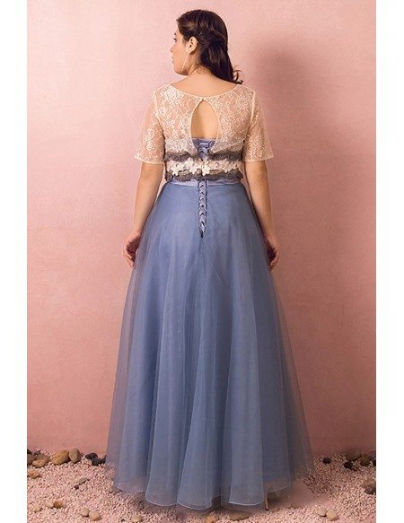Custom Modest Blue Tulle Party Dress with Removable Lace Jacket High Quality