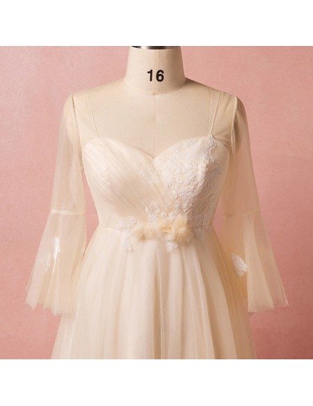 Custom Champagne Yellow Tulle Wedding Party Dress with Bell Sleeves Plus Size High Quality