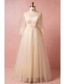 Custom Champagne Yellow Tulle Wedding Party Dress with Bell Sleeves Plus Size High Quality