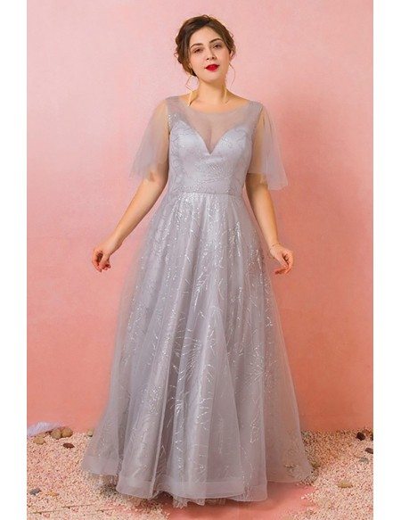 Custom Grey Sparkly Sequins Modest Prom Dress with Puffy Sleeves Plus ...