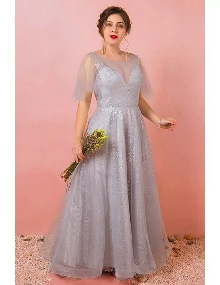 Custom Grey Sparkly Sequins Modest Prom Dress with Puffy Sleeves Plus Size High Quality