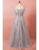 Custom Grey Sparkly Sequins Modest Prom Dress with Puffy Sleeves Plus Size High Quality