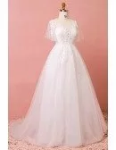 Custom Leaf Shape Lace Aline Wedding Dress Laceup with Puffy Sleeves High Quality