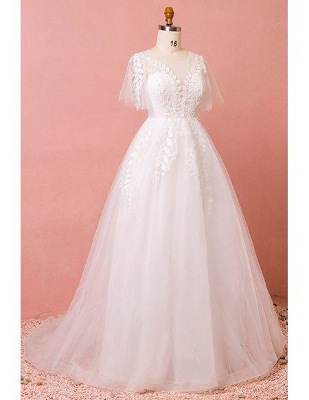 Custom Leaf Shape Lace Aline Wedding Dress Laceup with Puffy Sleeves ...