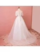 Custom Leaf Shape Lace Aline Wedding Dress Laceup with Puffy Sleeves High Quality