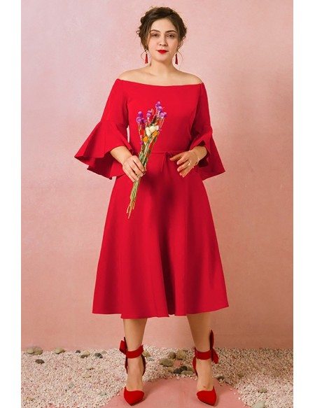 Custom Red Bell Sleeves Mid Length Wedding Party Dress Plus Size High Quality