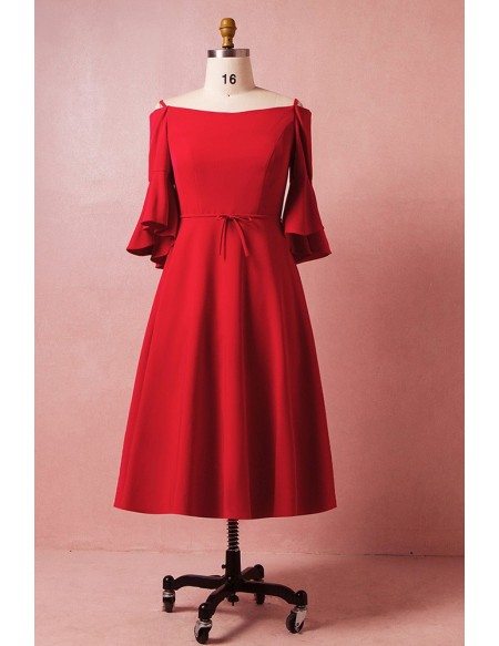 Custom Red Bell Sleeves Mid Length Wedding Party Dress Plus Size High Quality