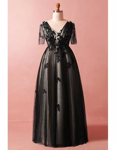 Custom Black Lace Modest Vneck Prom Dress with Illusion Short Sleeves ...