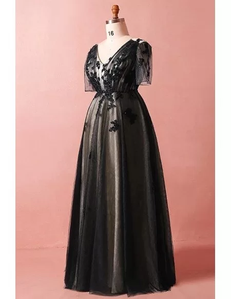 Custom Black Lace Modest Vneck Prom Dress with Illusion Short Sleeves High Quality