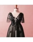 Custom Black Lace Modest Vneck Prom Dress with Illusion Short Sleeves High Quality
