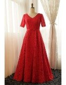 Custom Gorgeous Long Red Full Lace Wedding Party Dress with Short Sleeves Plus Size High Quality