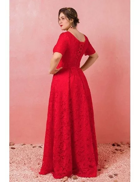 Custom Gorgeous Long Red Full Lace Wedding Party Dress with Short Sleeves Plus Size High Quality
