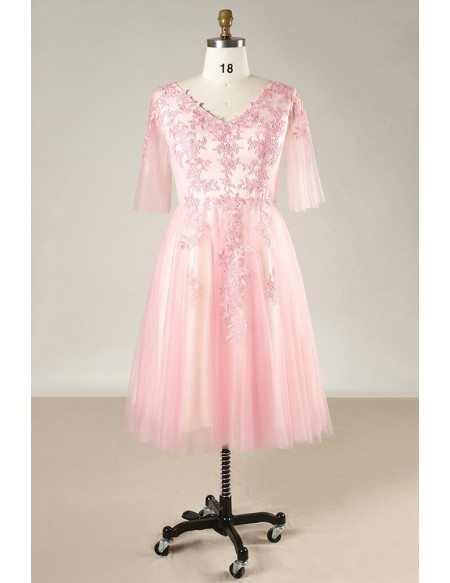 Custom Candy Pink Vneck Wedding Party Dress Laceup with Puffy Sleeves High Quality