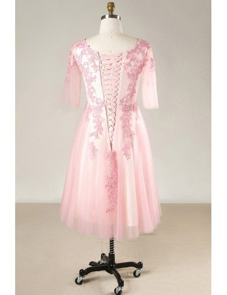 Custom Candy Pink Vneck Wedding Party Dress Laceup with Puffy Sleeves High Quality